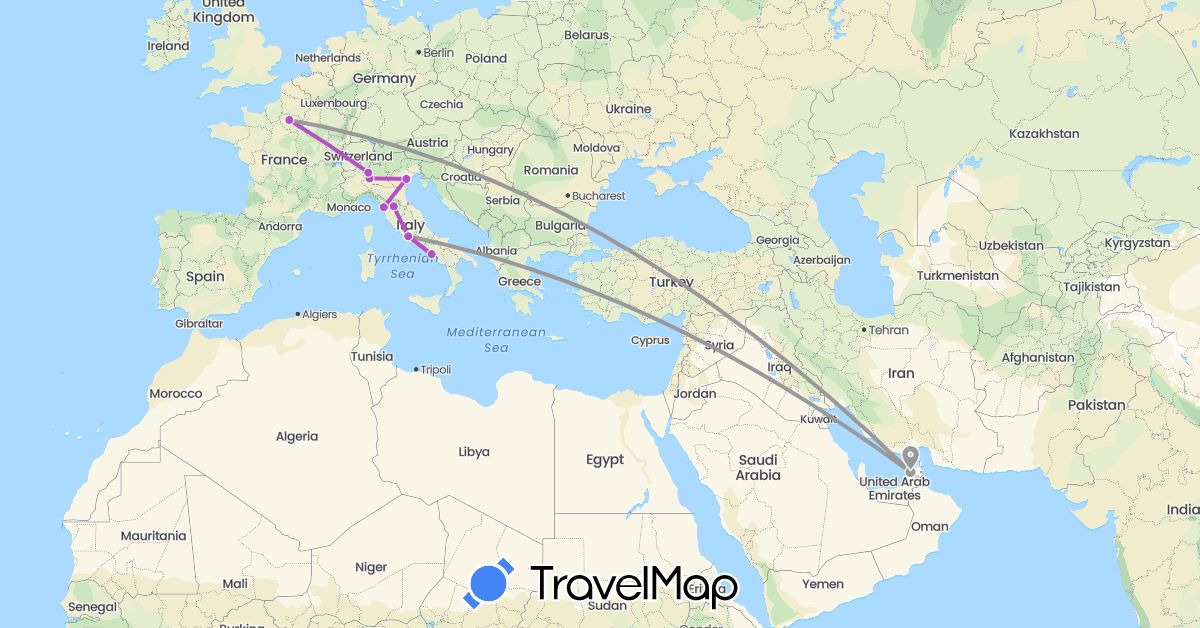 TravelMap itinerary: plane, train in United Arab Emirates, France, Italy (Asia, Europe)